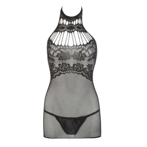 Petite robe en résille noire, sans couture, avec dentelle sur la poitrine. String assorti 
